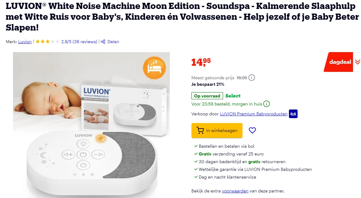 LUVION® White Noise Machine Moon Edition - Soundspa - Kalmerende Slaaphulp met Witte Ruis voor Baby's, Kinderen én Volwassenen - Help jezelf of je Baby Beter Slapen! -21%
